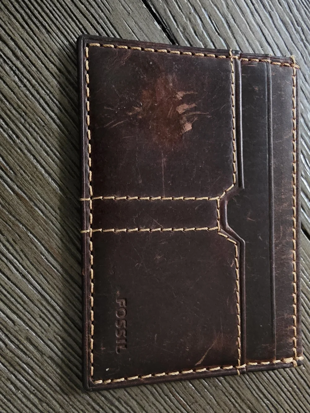Fossil Brown Leather Card & Key Sleeve with Contrast Stitching